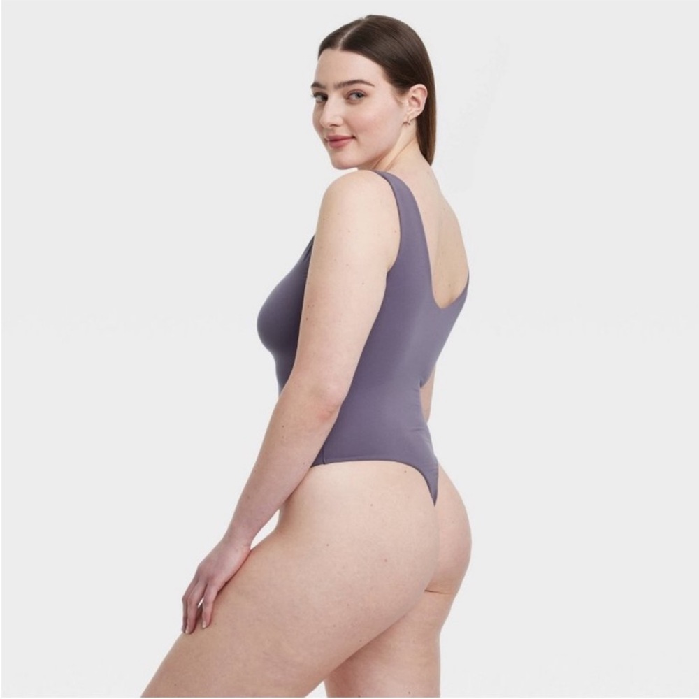 Auden Luxe Stretch High Neck V Back Mauve Gray Thong Bodysuit Var Sizes | NWT - Picture 4 of 11